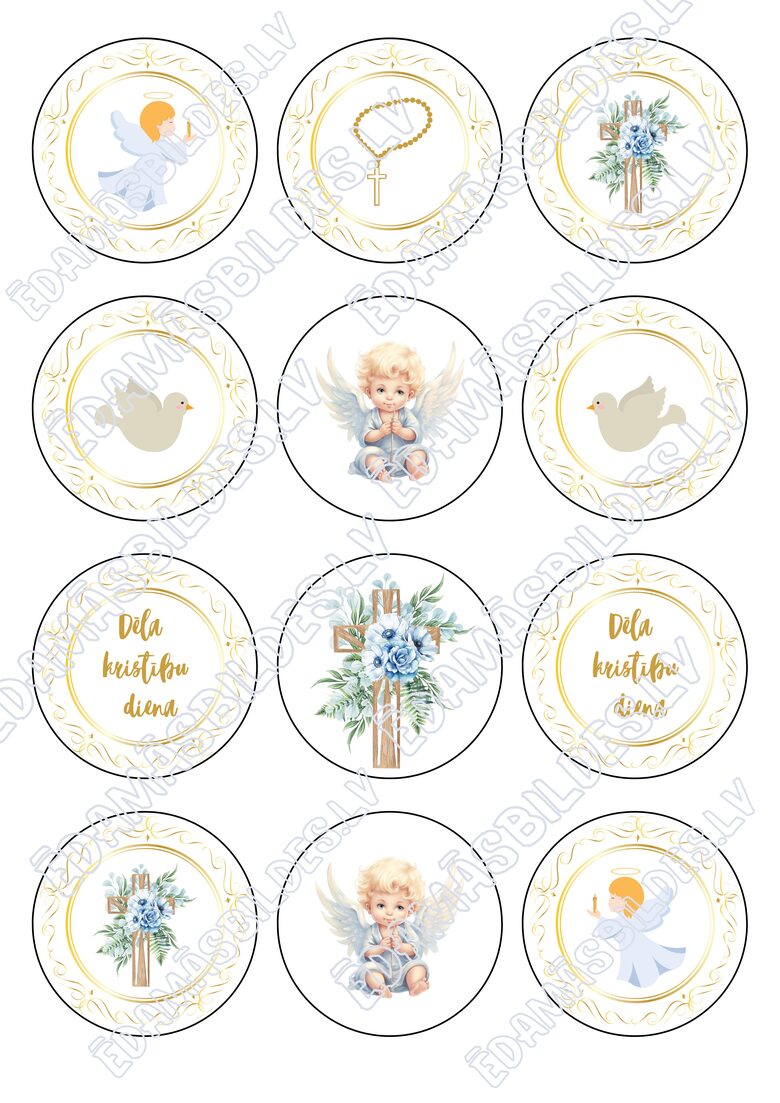 Cukura papīrs ar apdruku "Dēla kristības", kapkeiku aplīši 6 cm